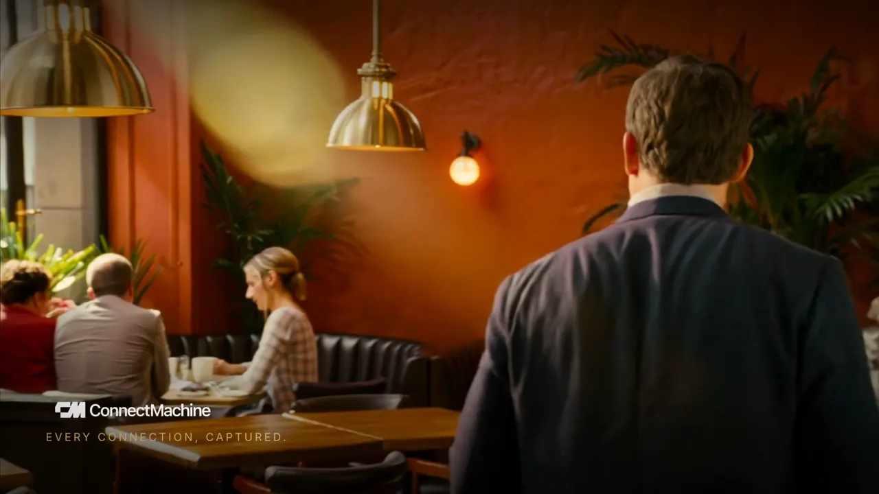 A professional walks into a café to meet a new contact, with the ConnectMachine logo and the line "Every connection, captured."
