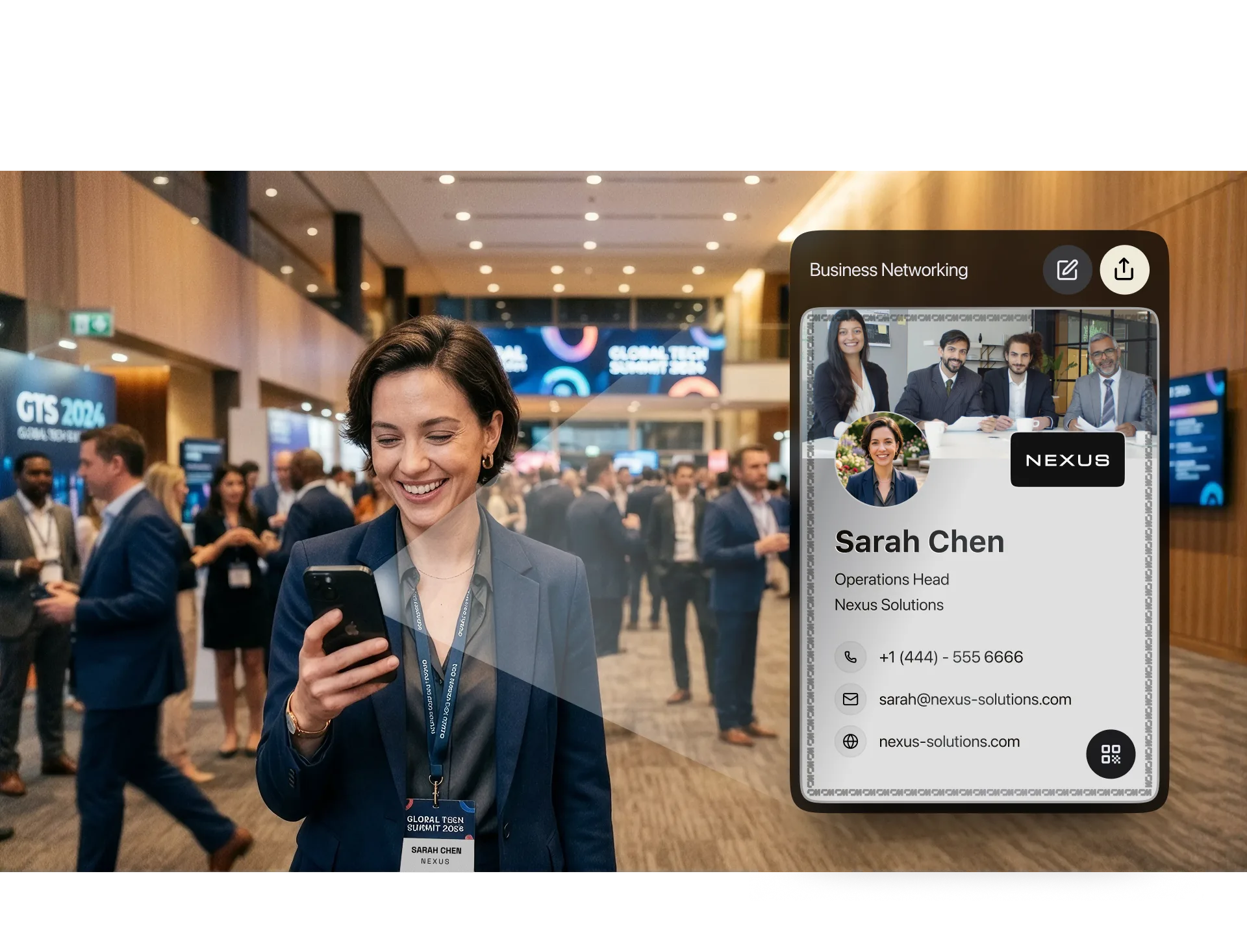 ConnectMachine digital business card displayed beside a professional at a networking event