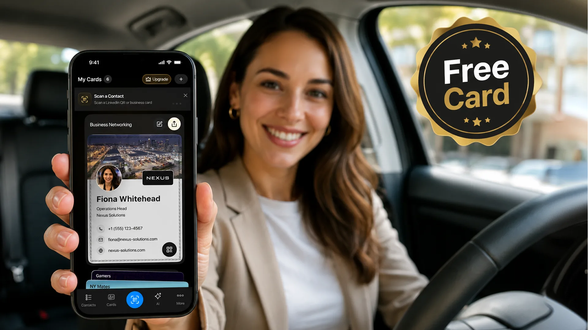 Professional free digital business card displayed on a phone