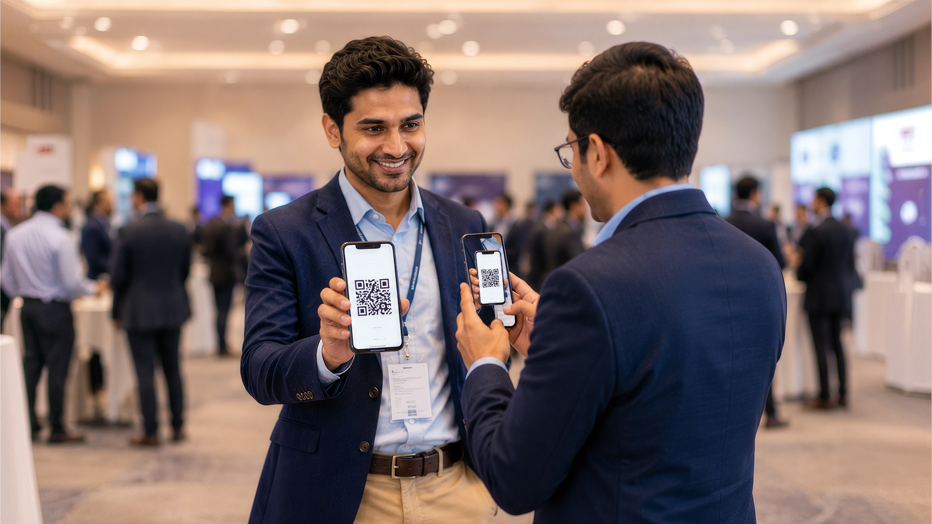 A phone camera scanning a QR code business card and previewing the destination link