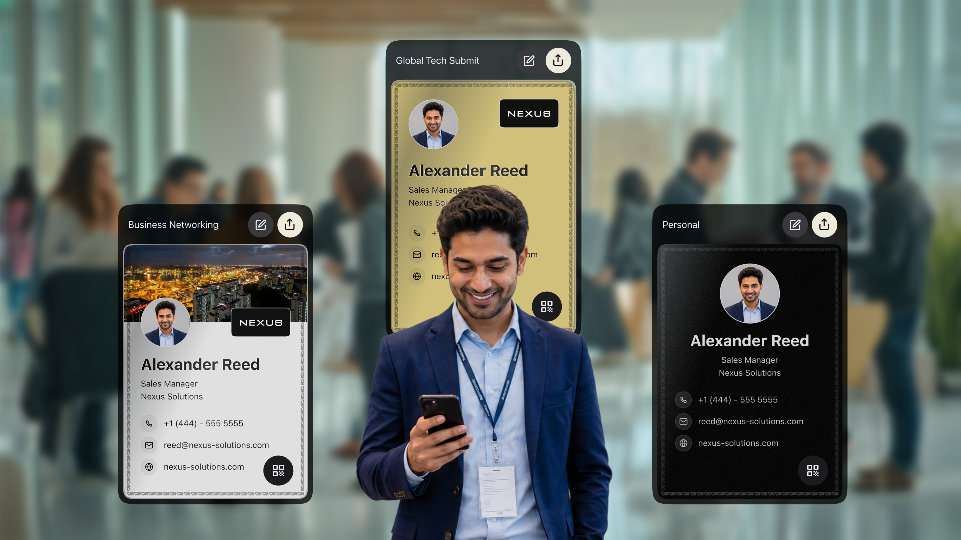 A professional at a networking event with multiple digital business cards shown around him