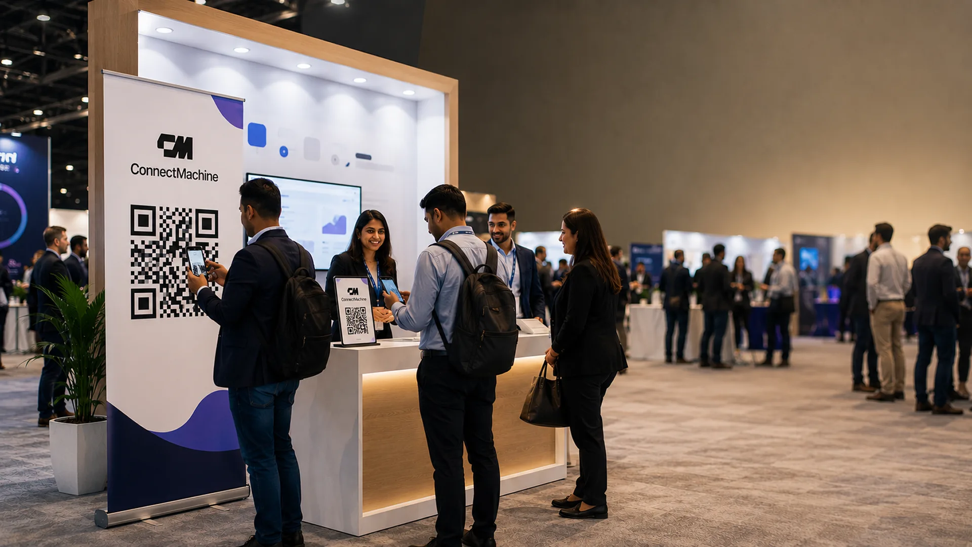Conference attendees scanning a large QR business card at a trade show booth