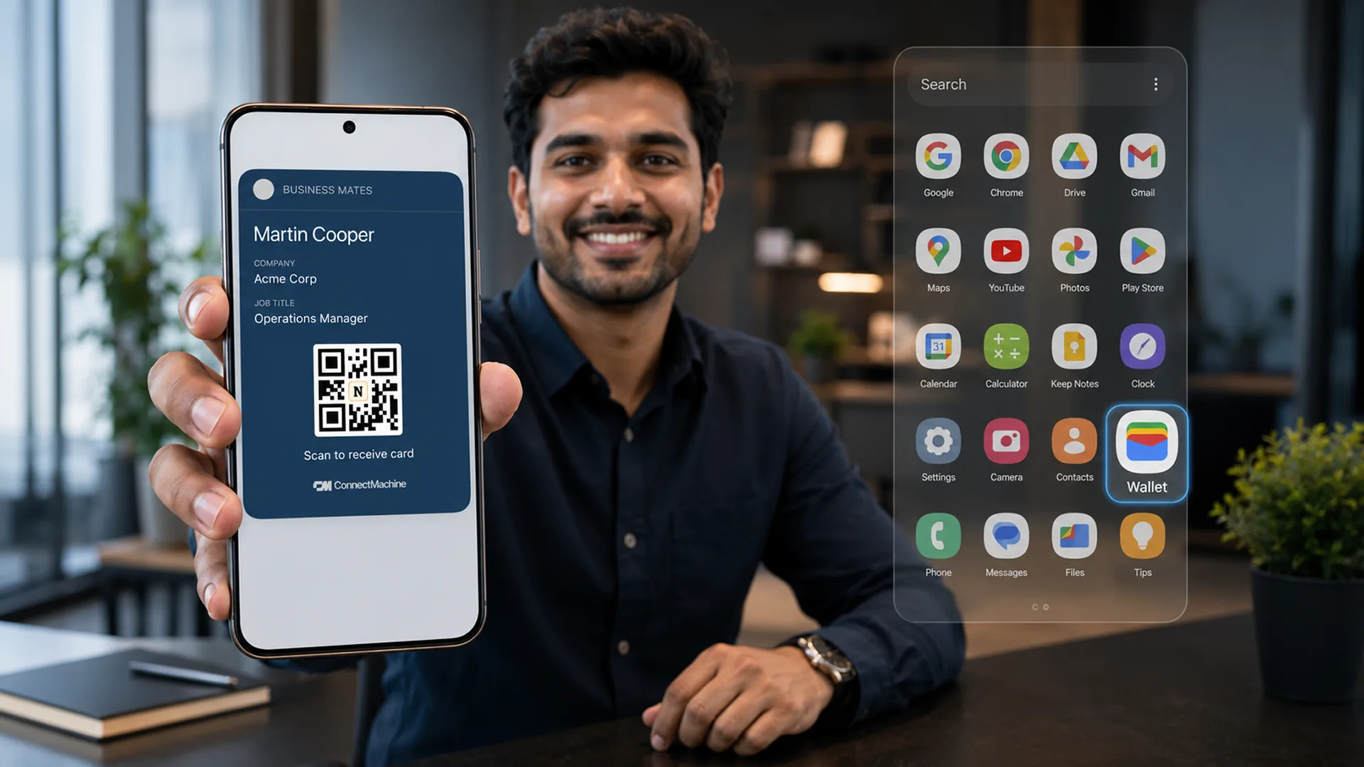 Professional presenting a Google Wallet business card from an Android phone