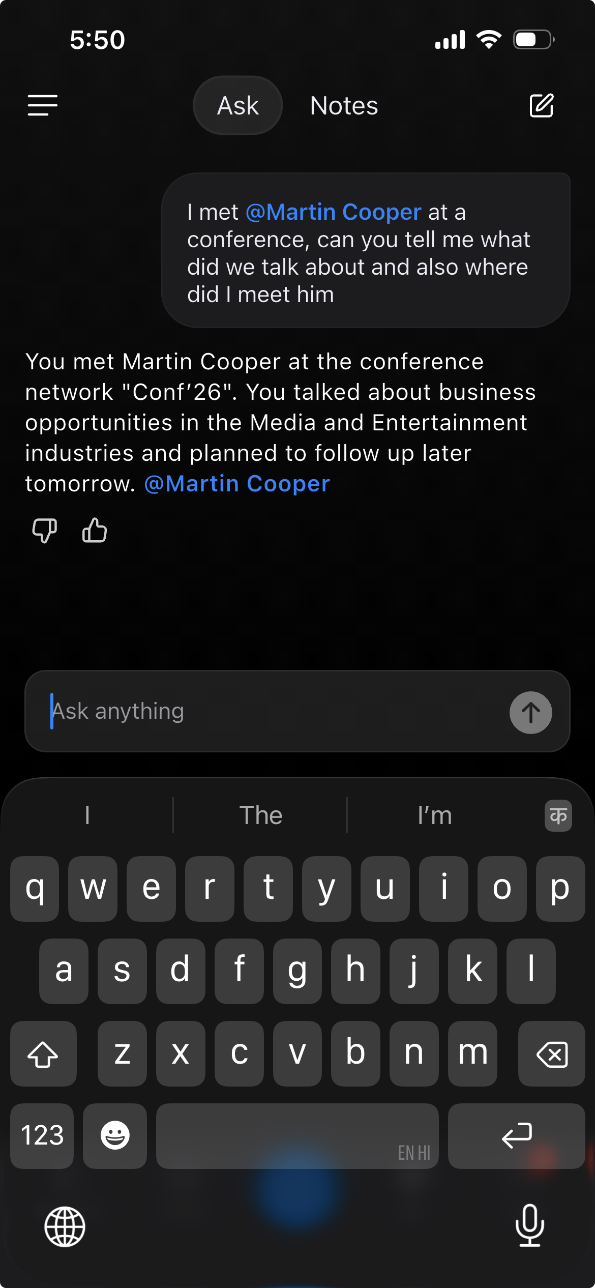 Asking the ConnectMachine AI about people you have met