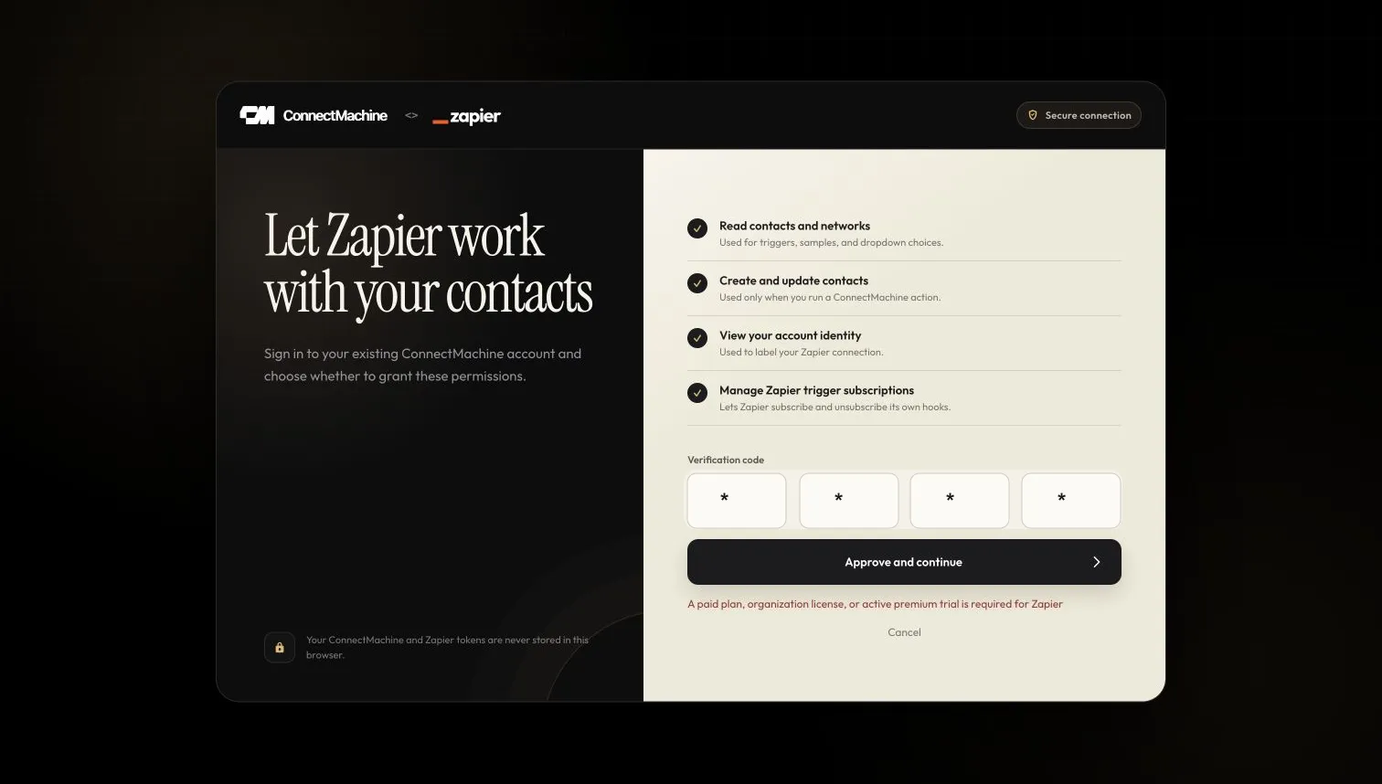 ConnectMachine consent page for Zapier listing the contact and webhook permissions being requested.