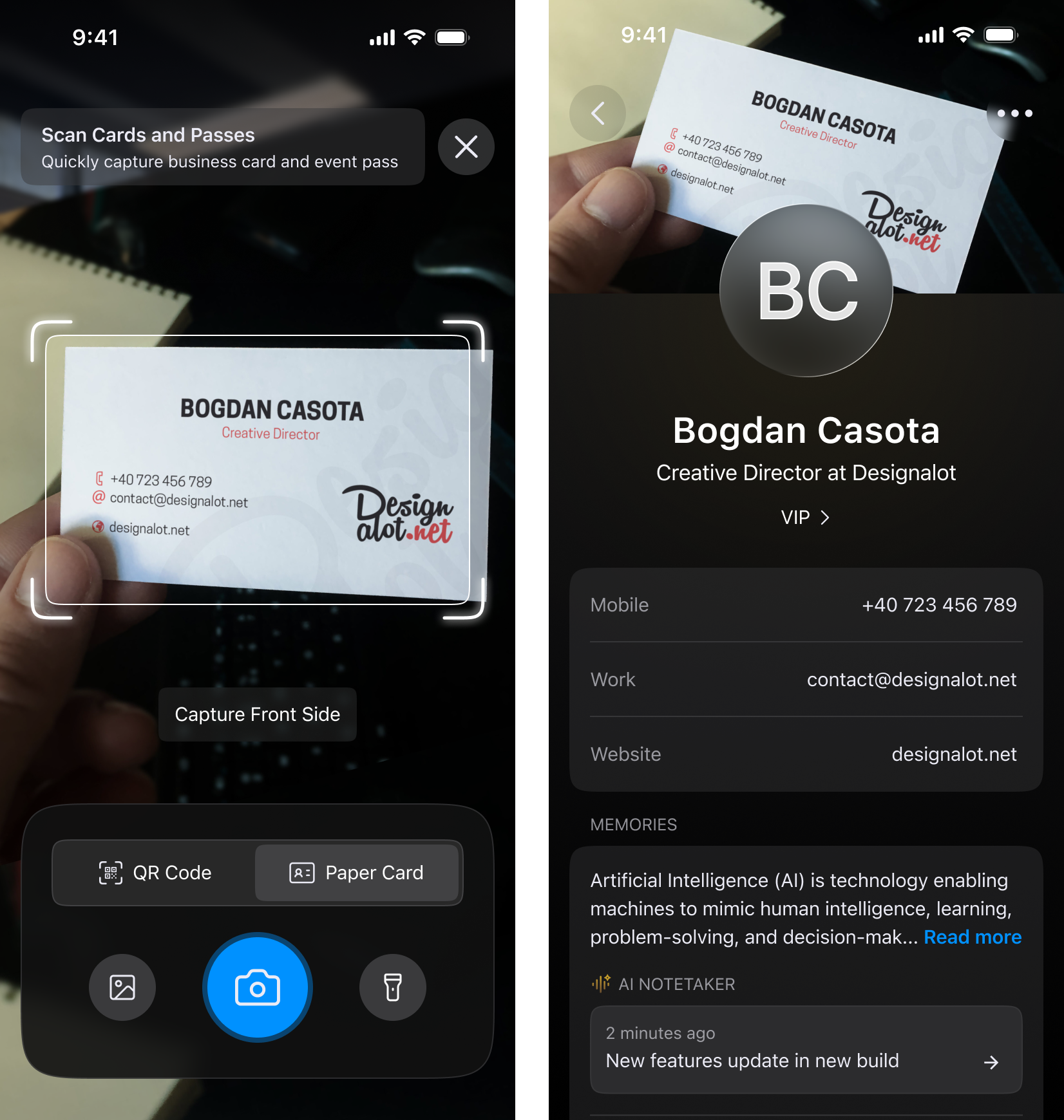 Scanning a business card into ConnectMachine and the saved contact it creates