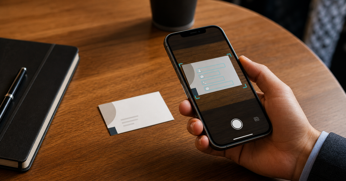 Phone scanning a paper business card with AI extracting fields