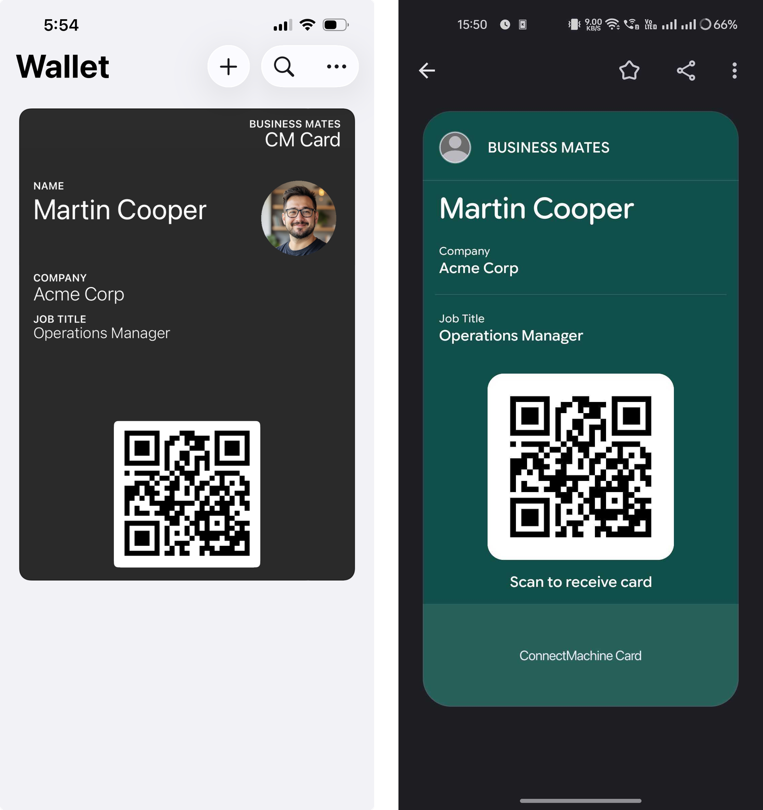A ConnectMachine business card as an Apple Wallet pass and a Google Wallet pass, side by side