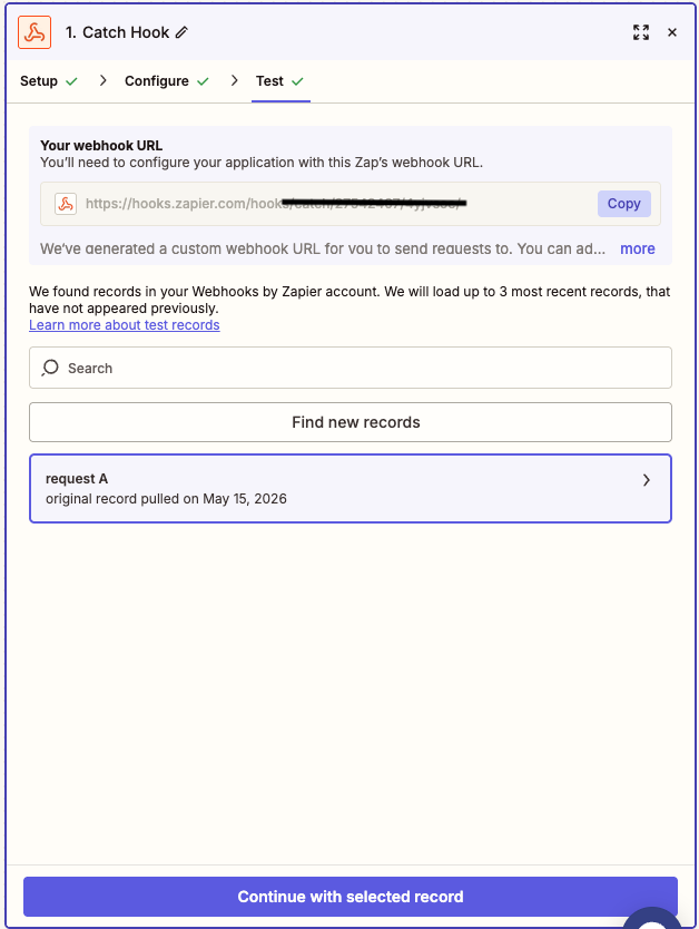 Zapier test trigger screen showing a request received from ConnectMachine